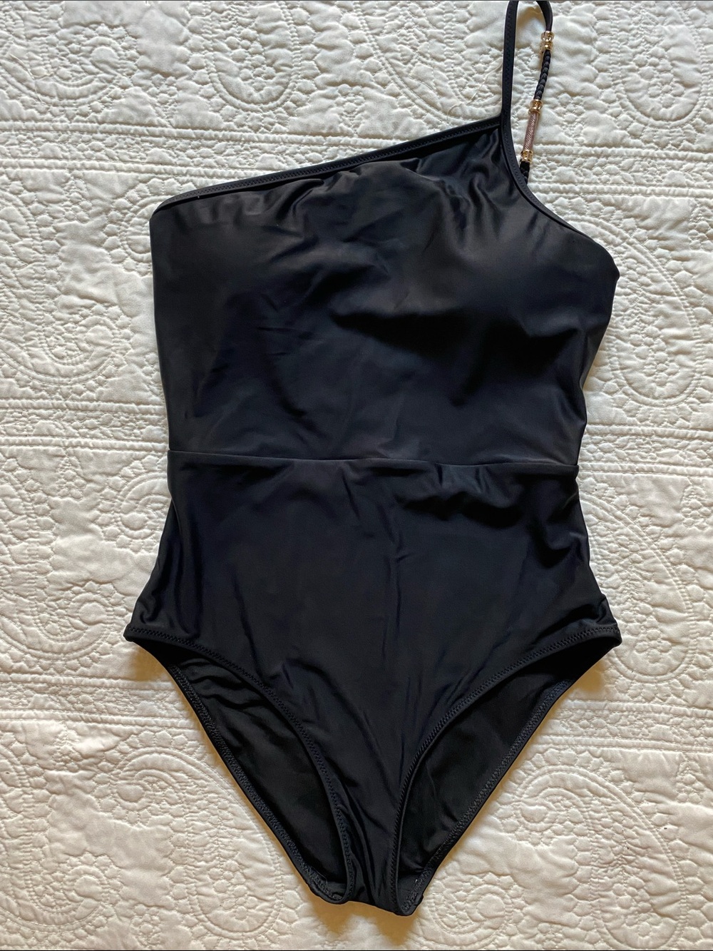 aerie Asymmetric One-Shoulder Black Swimsuit with Gold Accent  *size small